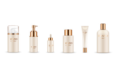 Cosmetic bottles. Realistic golden packaging for serum&2C; cream&2C; shampoo