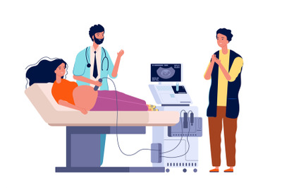 Scanning pregnant woman. Couple husband and wife doctor family consult