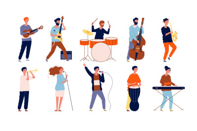 Musicians characters. Creative performing peoples in different poses p