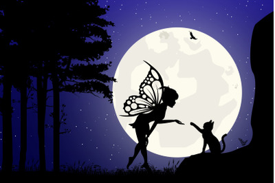 cute fairy and cat silhouette