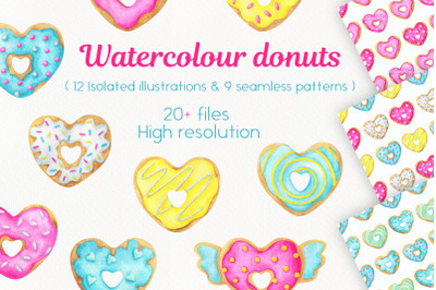 Watercolour donuts. Set of clips and patterns.
