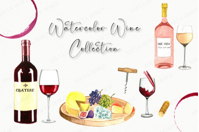 Wine &amp; Cheese Watercolor Clipart, Wine glasses clipart