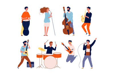 Music band characters. Rock group musicians singing and playing at ins