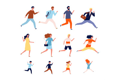 Running persons. Sport casual and business people in different costume