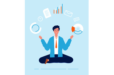 Multitasking manager. Business person lotus pose yoga sitting making d