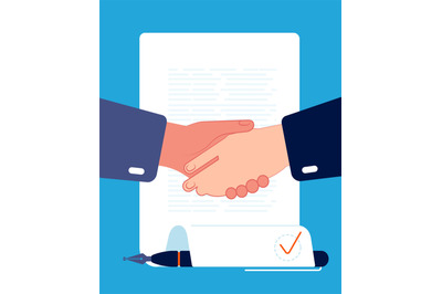 Contract handshaking. Businessman hands sign contract corporate partne