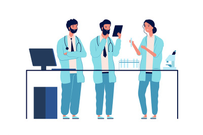 Doctors lab. Scientists characters standing near laboratory table make