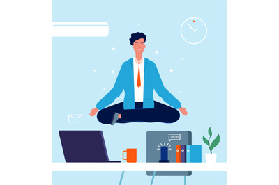 Business character yoga. Manager sitting on office table in lotus pose