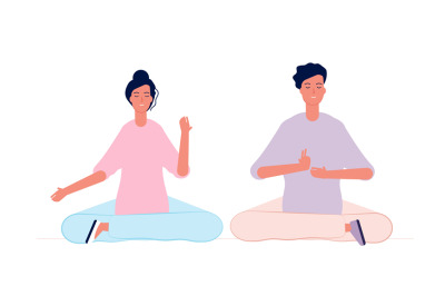 Couple meditation. Male and female characters yoga class room sitting