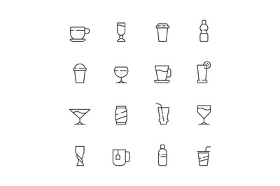 Drinks icon. Tea coffee water cold and hot drinks in cups and glasses