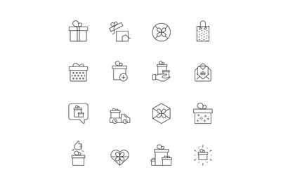 Gift icons. Packages with ribbons offers present boxes shopping cart v