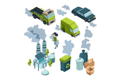 Air pollution isometric. Factory bad environment chemical garbage urba