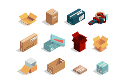 Boxes isometric. Cardboard packages open and closed container shipping