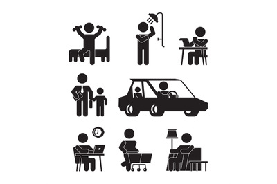 Daily routine icons. Active person lifestyle silhouettes wake up eatin