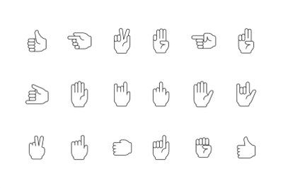 Gestures line icon. Human hands pointing and holding symbols of peace