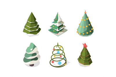 Christmas tree isometric. New year symbols plants decoration green xma