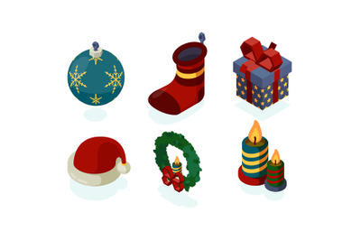 New year icons. Xmas accessories gifts tree lantern snow globe noel sa