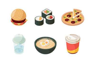 Fast food isometric. Burger sushi pizza cold drinks hot dog donuts ice