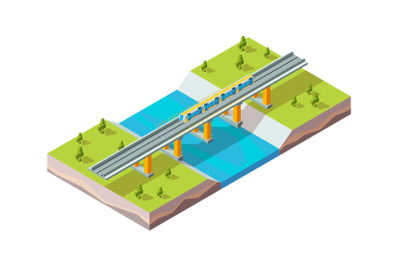 Railway viaduct. Urban train above river modern city infrastructure ra