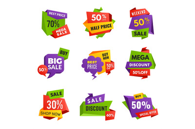 Special offer tags. Discount ads banners best selling promotional text