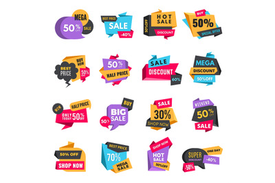 Discount tags. Product ads special offer badges low prices promotional