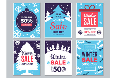 Winter sale cards. Christmas promo banners big discounts and special s