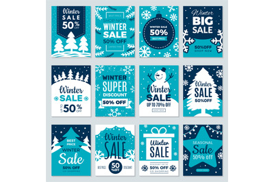 Christmas sale. Winter promotional labels cards advertising special of