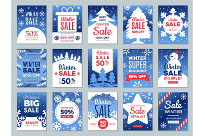 Winter promo cards. Season offers advertising banners labels for best