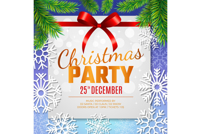 Christmas party card. Invitation template with decorative snowflakes h