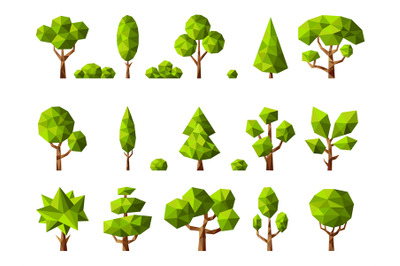 Low poly plants. Geometrical cartoon stylized trees green nature plant