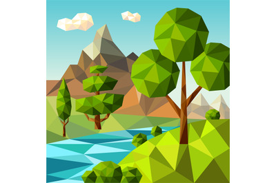 Low poly landscape. Nature green trees plants clouds sky outdoor field