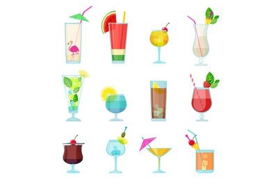 Cocktails collection. Alcoholic summer drinks liquid food in glasses m