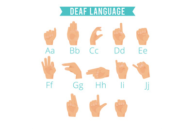 Hands language. Deaf human gestures alphabet emoji of hands palm finge