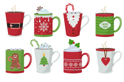 Christmas cup. Holiday hot coffee drinks mug decoration vector christm