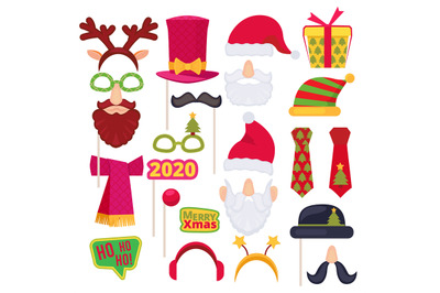 Christmas photo booth. Santa mask hat snowman new year tree snowflakes