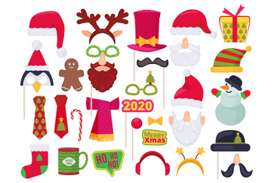 Xmas booth. Holidays funny characters costumes and hats for photo sess