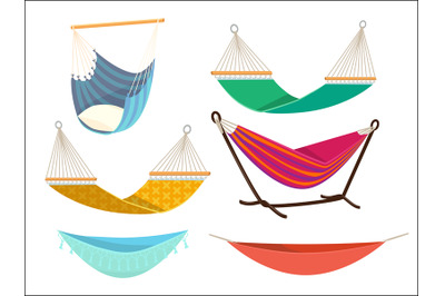 Hammock set. Comfort lifestyle outdoor bed rest place from fabric vect