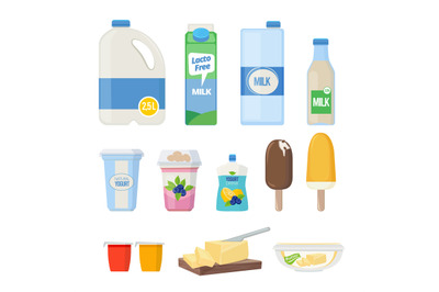 Milk products. Dairy food yogurt leche cheese ice cream vector cartoon