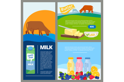 Banner dairy food. Promo ads pictures of fresh farm milk and organic p