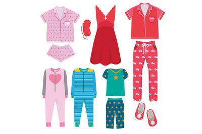 Pajamas. Textile night clothes for kids and parents sleepwear bedtime