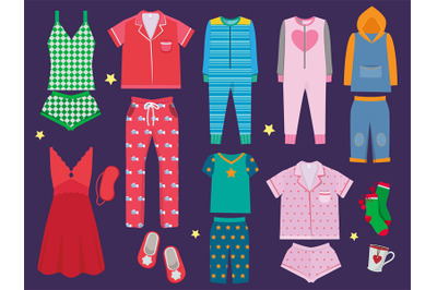 Pajamas set. Sleeping clothes collection for children and adults sleep