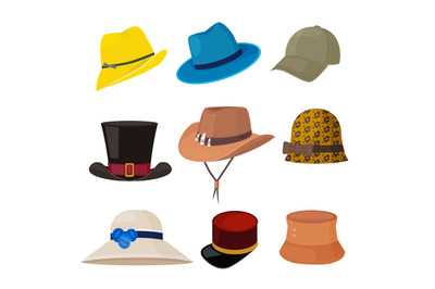 Cartoon hats. Male and female stylish accessories of wardrobe headwear