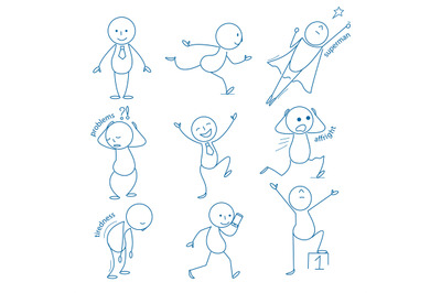 Business stickman. Hand drawn figures in different action poses runnin