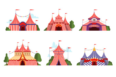 Circus tent. Carnival circus canopy stripe tent different styles happy