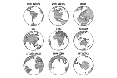 Earth globe doodle. Planet sketched map america india africa continent