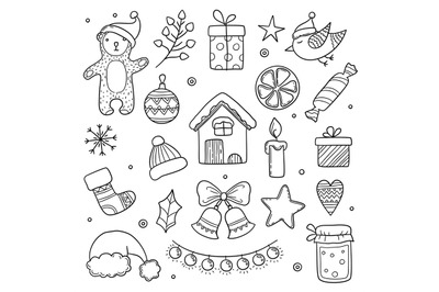 Christmas doodles. Winter season xmas characters animals cute gifts tr