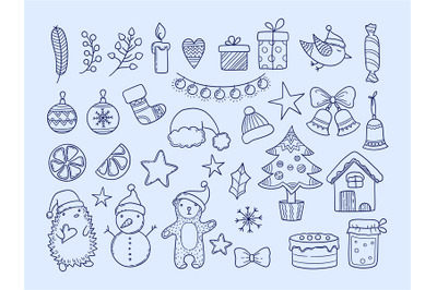 Winter season doodles. New year merry christmas collection snowflakes