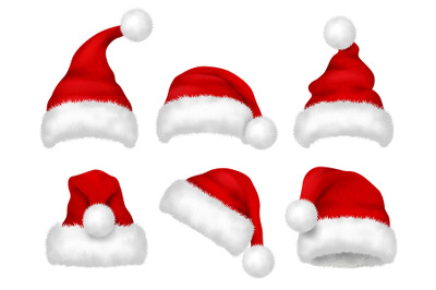 Santa red hat. Party fur christmas traditional velvet hat vector reali