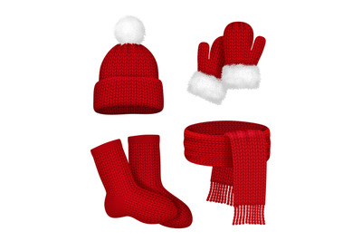 Winter clothes. Scarf mittens stocking snow hat with fur season fashio