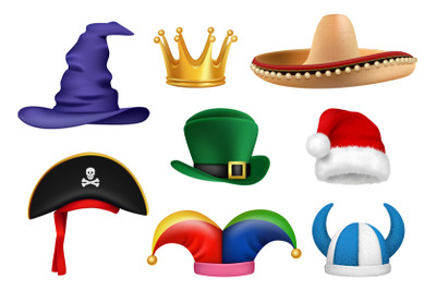 Carnival hats. Masquerade clothes fabric funny hats viking sombrero cl